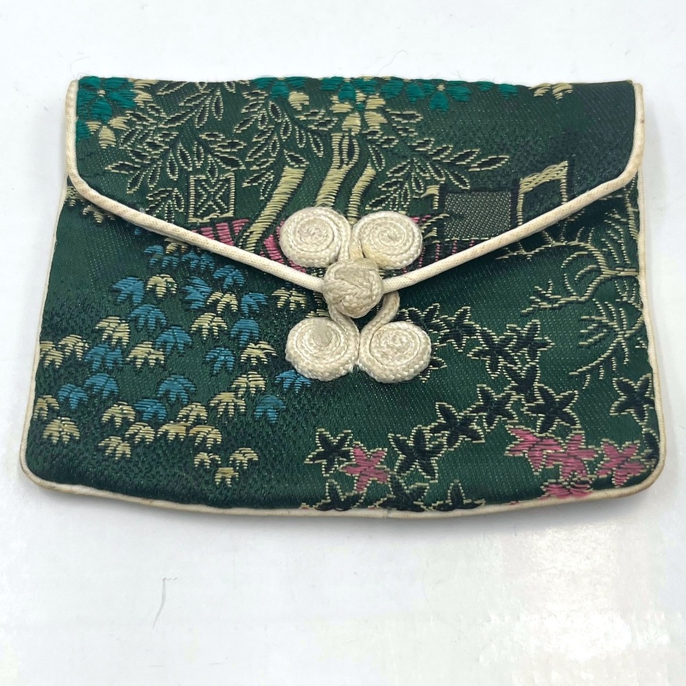 Vintage Green Silk Brocade Jewelry Pouch Asian Floral Landscape Frog Closure Bag